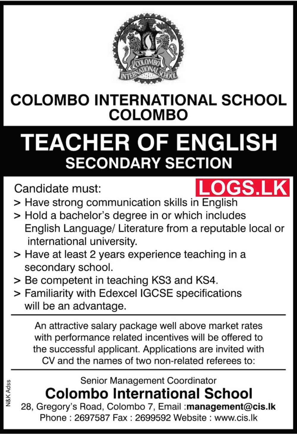 English Teacher Job Vacancy in Colombo International School